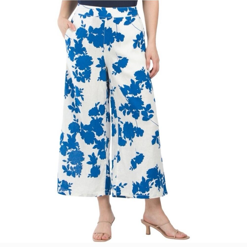 Cynthia Rowley Floral Linen Flat Front Pull On Wide Leg Cropped Pants‎ blue